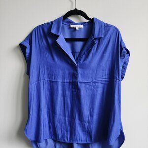 Rose + Olive Cobalt Blue Collared Short-Sleeved Blouse, Size Medium
